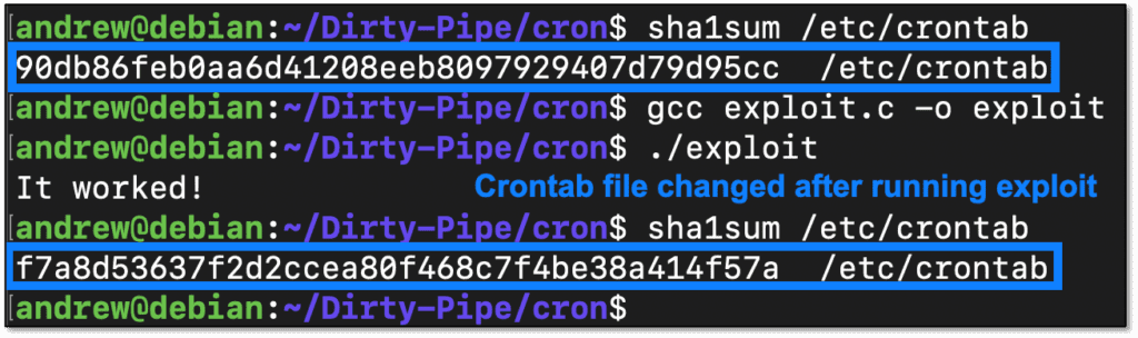 Running exploit and seeing the crontab file changed