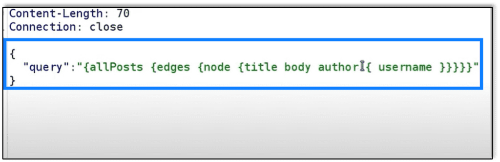 Burp intercept of webpage communication showing the query that is being sent to the server, which indicates that GraphQL is in use