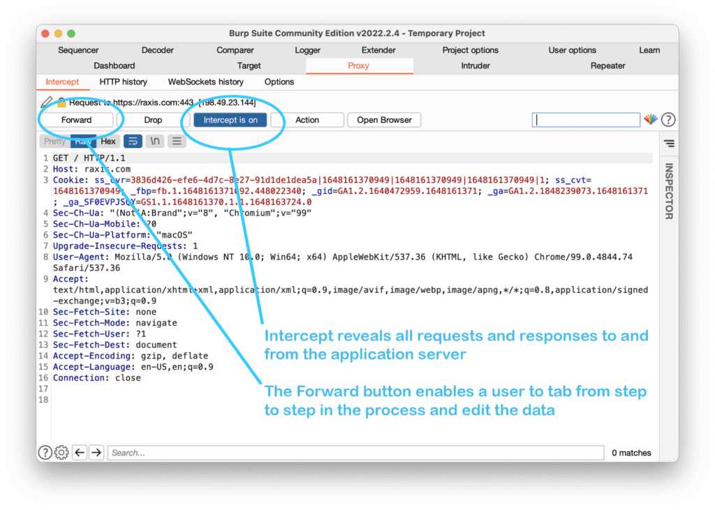 Burp Proxy in Intercept Mode shows the path your data travels