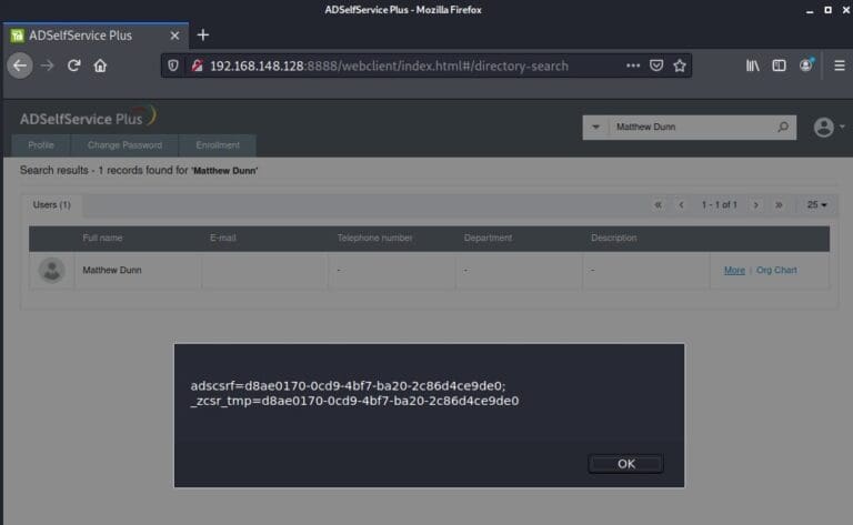 Cross-Site Scripting Vulnerability in ManageEngine AD Self Service Plus (CVE-2021-27956)