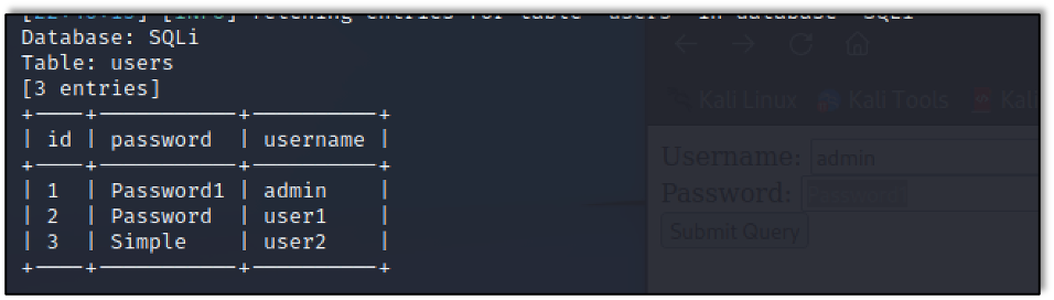 The SQLMap tool performing the same exploit we did manually