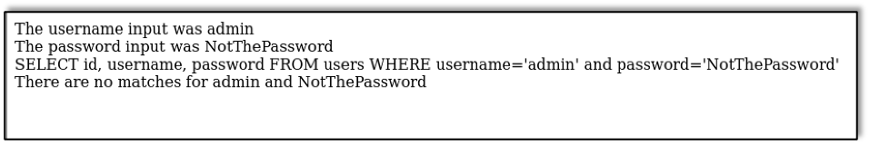 Unsuccessful login showing the SQL query